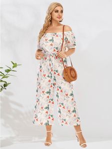 Plus Size Off The Shoulder Floral Print Belt Design Short Sleeves Jumpsuit