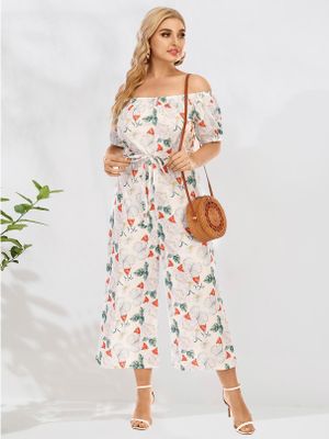 Plus Size Off The Shoulder Floral Print Belt Design Short Sleeves Jumpsuit Plus Size Off The Shoulder Floral Print Belt Design Short Sleeves Jumpsuit