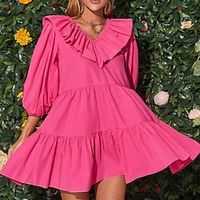 Women's A Line Dress Short Mini Dress Fuchsia 34 Length Sleeve Pure Color Ruffle Patchwork Summer V Neck Elegant Casual Vacation Puff Sleeve 2022 S M L Lightinthebox - thumbnail