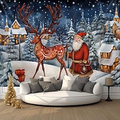 Christmas Santa Reindeer Hanging Tapestry Wall Art Xmas Scandinavian Folk Art Large Tapestry Mural Decor Photograph Backdrop Blanket Curtain Home Bedroom Living Room Decoration Lightinthebox