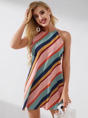 YOINS Multicolor Striped Halter Sleeveless Dress YOINS Multicolor Striped Halter Sleeveless Dress