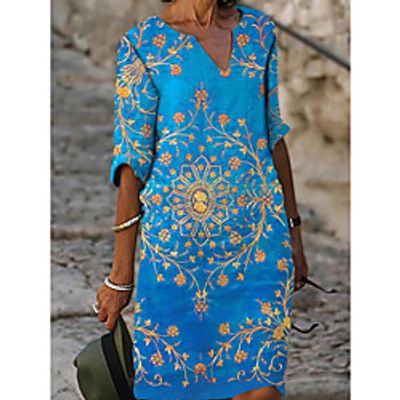 Women's A Line Dress Knee Length Dress Light Blue Short Sleeve Pattern Summer Casual 2021 S M L XL XXL XXXL Lightinthebox