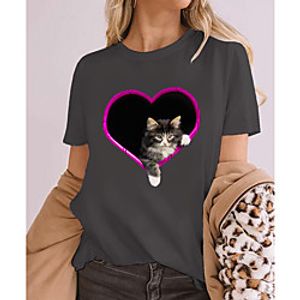 Women's 3D Cat T shirt Cat Heart 3D Print Round Neck Basic Tops 100% Cotton Wine Light gray Dark Gray miniinthebox