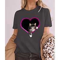 Women's 3D Cat T shirt Cat Heart 3D Print Round Neck Basic Tops 100% Cotton Wine Light gray Dark Gray miniinthebox - thumbnail
