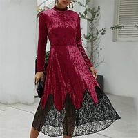 Women's Velvet Dress Midi Dress claret ArmyGreen Long Sleeve Pure Color Ruched Winter Fall Spring High Neck Fashion Weekend 2022 XS S M L XL 2XL Lightinthebox - thumbnail