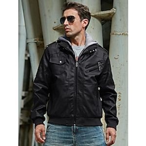 Men's Faux Leather Jacket Bomber PU Vintage Casual Motorcycle Coat Casual Winter Jacket Stand Collar Detachable Hooded Lightinthebox