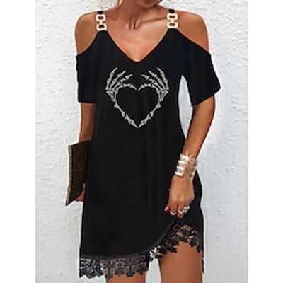 Women's Black Dress Party Dress Lace Dress Cocktail Dress Midi Dress Silver Black White Short Sleeve Geometric Lace Summer Spring Fall V Neck Elegant Winter Dress Wedding Guest Lightinthebox