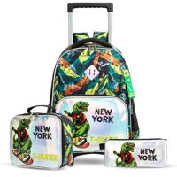 Eazy Kids - 17 Set Of 3 Trolley School Bag Lunch Bag & Pencil Case New York Dinosaur - Green