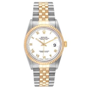 Datejust Steel Yellow Gold White Roman Dial Mens Watch 16233 Papers