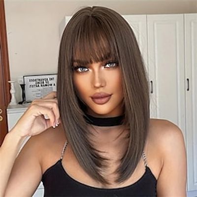 Chestnut Brown Short Straight Wigs With Bangs Synthetic Heat Resistant Wigs Straight Layered Medium Length Wigs For Women For Daily Party Halloween Use Lightinthebox