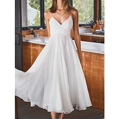 Little White Dresses Wedding Dresses A-Line Camisole Sleeveless Tea Length Chiffon Bridal Gowns With Pleats Solid Color 2023 Lightinthebox
