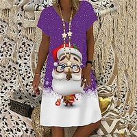 Women's Christmas Casual Dress T Shirt Dress Tee Dress  Knee Length Dress Green Blue Purple Red Gray Black Short Sleeve Santa Claus Snowflake Print Fall Winter V Neck Stylish Casual 2022 XXS XS S M L miniinthebox - thumbnail