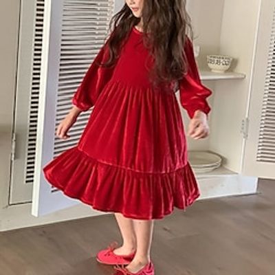 Kids Girls' Dress Solid Color Long Sleeve School Outdoor Patchwork Adorable Daily Polyester Midi Velvet Dress Fall Winter 2-8 Years Wine Red Purple pink Golden Lightinthebox