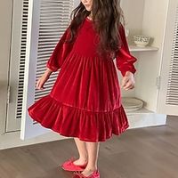 Kids Girls' Dress Solid Color Long Sleeve School Outdoor Patchwork Adorable Daily Polyester Midi Velvet Dress Fall Winter 2-8 Years Wine Red Purple pink Golden Lightinthebox - thumbnail