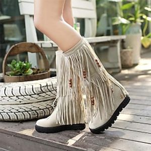 Women's Boots Suede Shoes Plus Size Party Outdoor Work Mid Calf Boots Tassel Flat Heel Vintage Fashion Casual Faux Suede Loafer Solid Color Black Red Brown miniinthebox
