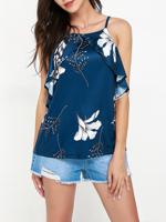 Casual Leaves Print Short Sleeve Halter Women Tank Tops - thumbnail