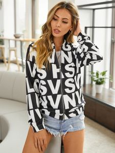 YOINS Black Letter Zip Front Long Sleeves Jacket
