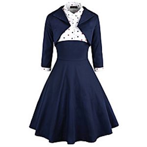 Women's A Line Dress Knee Length Dress Navy Blue 34 Length Sleeve Polka Dot Print Fall Shirt Collar Elegant Casual Vintage 2021 S M L XL XXL 3XL Lightinthebox
