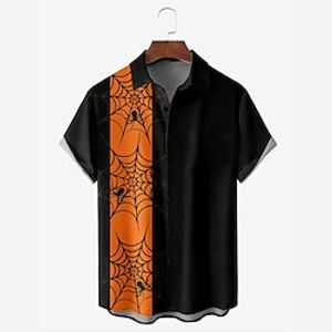 Spider Spider web Vintage Abstract Men's Shirt Outdoor Halloween Street Fall Turndown Short Sleeve Black Orange S M L Shirt Lightinthebox
