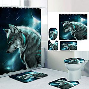 Moon Shines Wolf Digital Printing Four-piece Set Shower Curtains and Hooks Modern Polyester Machine Made Waterproof Bathroom Lightinthebox