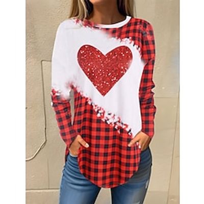 Women's T shirt Tee Christmas Shirt Pink Red Blue Plaid Heart Print Long Sleeve Christmas Weekend Festival / Holiday Christmas Round Neck Regular Fit Painting Spring   Fall miniinthebox