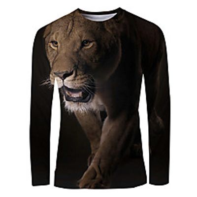 Men's T shirt Shirt 3D Print Graphic Animal Long Sleeve Daily Tops Basic Round Neck Brown miniinthebox