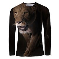 Men's T shirt Shirt 3D Print Graphic Animal Long Sleeve Daily Tops Basic Round Neck Brown miniinthebox - thumbnail