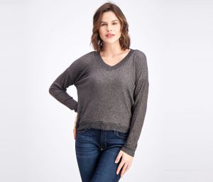 Womens V-Neck Waffle-Knit Sweatshirt  Steel Grey Marled