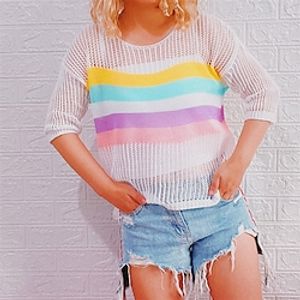 Women's Sweater Pullover Jumper Knitted Striped Stylish Casual Soft Half Sleeve Sweater Cardigans Crew Neck Spring Summer Blue White Pink Lightinthebox