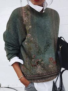 Stand Collar Loose Slouchy Floral Print Sweater Pullover