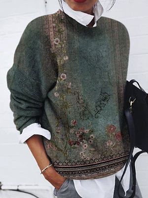 Stand Collar Loose Slouchy Floral Print Sweater Pullover