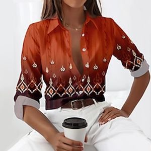 Women's Shirt Blouse Geometric Yellow Pink Red Print Button Long Sleeve Casual Fashion Shirt Collar Regular Fit Spring   Fall Lightinthebox