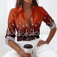 Women's Shirt Blouse Geometric Yellow Pink Red Print Button Long Sleeve Casual Fashion Shirt Collar Regular Fit Spring   Fall Lightinthebox - thumbnail