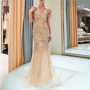 Women's Party Dress Sequin Dress Sheath Dress Long Dress Maxi Dress Gold Short Sleeve Pure Color Sequins Winter Fall Autumn V Neck Party Evening Party Slim 2022 S M L XL Lightinthebox