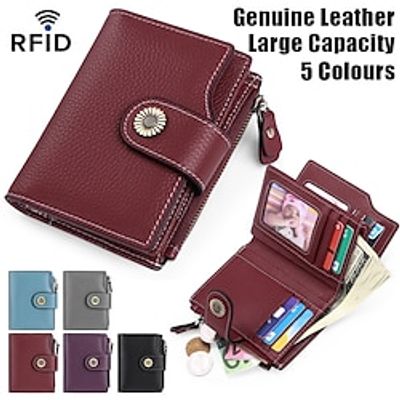 Women's Wallet Credit Card Holder Wallet Leather Outdoor Shopping Daily Buttons Zipper Large Capacity RFID Blocking Solid Color Light Blue Deep Purple Elegant black Lightinthebox
