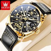 OLEVS Men Mechanical Watch with Chain Luxury Large Dial Business Hollow Skeleton Luminous Waterproof Decoration Leather Watch Lightinthebox