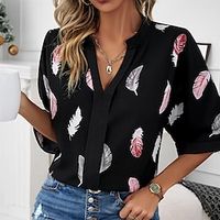 Women's Black Plain Print 34 Length Sleeve V Neck Form Fit Portrait Bell Sleeve Fall  Winter Lightinthebox - thumbnail
