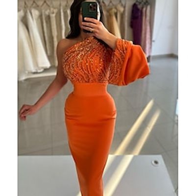 Sheath  Column Evening Gown Elegant Dress Formal Prom Floor Length Long Sleeve One Shoulder Satin with Crystals Sequin 2024 Lightinthebox