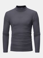 Mens Fall Winter Brief Style Solid Color Stand Collar Long Sleeve Casual T-shirt
