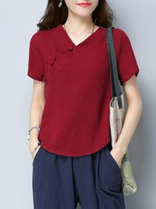 Folk Style Tops, Solid V-Neck Short Sleeve Tops