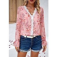 Women's Shirt Blouse Floral Petal Sleeve Pink Red Navy Blue Print Lace Long Sleeve Casual Holiday Fashion V Neck Regular Fit Spring   Fall Lightinthebox - thumbnail
