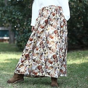 Women's Streetwear Swing Skirts Holiday Weekend Cotton Floral Print Brown One-Size / Maxi / Loose miniinthebox