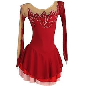 Figure Skating Dress Women's Girls' Ice Skating Dress Burgundy Patchwork Open Back Mesh High Elasticity Training Competition Skating Wear Classic Long Sleeve Ice Skating Figure Skating Lightinthebox