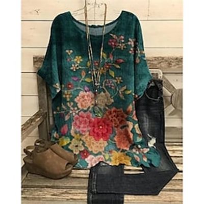 Women's T shirt Tee Floral Casual Daily Holiday Floral T shirt Tee Short Sleeve Print Round Neck Basic Essential Loose Green S / 3D Print miniinthebox