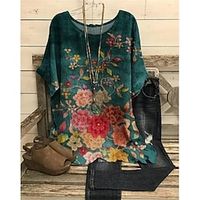 Women's T shirt Tee Floral Casual Daily Holiday Floral T shirt Tee Short Sleeve Print Round Neck Basic Essential Loose Green S / 3D Print miniinthebox - thumbnail