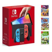 Nintendo Switch OLED Neon Joy-Con Console + Pikmin 3 Deluxe + DC Comics Superhero Girls: Teen Power + One Piece: Unlimited World Red - Deluxe Editi... - thumbnail