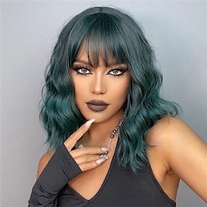14 Inch Cute Cosplay Green Short Curly Synthetic Wig For Women Hair Replacement Wigs With Bangs Suitable For Roleplay Daily Party Use Christmas Party Wigs miniinthebox