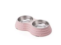 Double Dining Pet Feedrer With Stainless Steel Bowl & Non Slip Rubber Bottom pink For Cats And Dogs - 33.5X18X6cm
