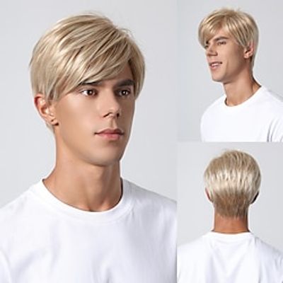 Synthetic Wig kinky Straight Middle Part Layered Haircut Machine Made Wig 8 inch Light golden Synthetic Hair Men's Cosplay Party Fashion Blonde Christmas Party Wigs Lightinthebox