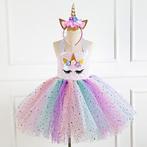 Kids Little Girls' Dress Unicorn Sequin Tulle Dress Birthday Party Festival Layered Mesh White As Picture Above Knee Sleeveless Regular Princess Sweet Dresses Children's Day Fall Spring  Summer Loose miniinthebox